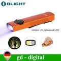 Olight Arkfeld UV EDC USB Taschenlampe mit dualer Lichtquelle Orange Aufladbar