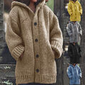 Lange Dicke Damen-Strickjacke Mit Kapuze Wintermantel Strickpullover 〇