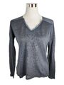 Opus Langarmshirt Damen Gr. 38 Leinen Blau Pullover Durchsichtig V-Ausschnitt 