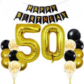 50 Geburtstag Deko Set Schwarz Gold, Zahlen+Girlande+Ballons+Stern Folienballons