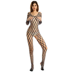 Damen Bodystockings mit Handschuhe Schritt Offen Ganzkörperanzug Overall Catsuit