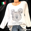 Italy Damen Sweatshirt Velours Optik kuschlig Glitzer Mickey Weiß 38 40 42