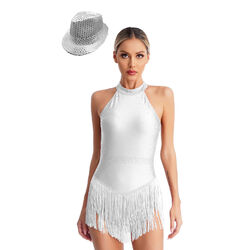 Damen Kleid Glänzend Trikot Jazz Tanzbekleidung Modern Kostüm Fringe Latin Set