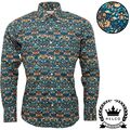 Relco Herren blau Blumenmuster langärmeliges Hemd mit Knopfleiste Kragen Mod Retro NEU