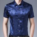 Kunstseide Herren Hemd Kurz Ärmel Top Satin Bluse Glänzend Sommer Freizeit Blume