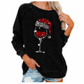 Damen Weihnachten Langarm Weinglas Print Bluse Weihnachten T-Shirt Tops Pullover