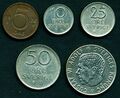 SCHWEDEN: 5, 10, 25, 50 Öre und 1 Krone 1966 .. 1973