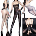 DE Damen Bodystockings Jumpsuit mit Spitze Handschuhe Offen im Schritt Pantyhose