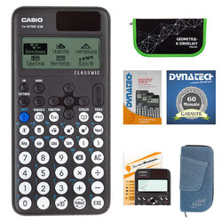 Casio FX-87 DE CW mit Jeans-Tasche hellblau,Zirkelset grün,Folie,Buch,Garantie