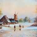 ORIGINAL Ölgemälde auf Holzplatte | Windmühle/Winter/Kirche | W. LINDNER