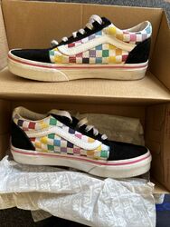 VANS Old Skool kariert schwarz/Regenbogen Größe UK 2 Kinder Skate Turnschuhe schöne Show