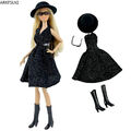 Schwarz Glitzerkleidungsset für Barbiepuppe Kleid Brille Hut Stiefel 1/6 Zubehör