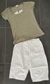 Damen Pyjama Nachtwäsche Schlafanzug Set 3/4 Hose und Shirt khaki  weiß  44 / 46