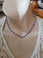 Vintage Kette Collier Amethyst +weiße Zuchtperlen + 925 SILBER vg Magnetschließe