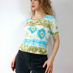 Vintage 90s Tie Dye Top Bright Colourful Tropical Palm Print T-Shirt Y2k Mesh S 