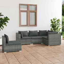 5-tlg. Garten-Lounge-Set mit Kissen Poly Rattan Grau