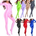 Damen Langarm Overall Glänzend Tights Dessous Body Stocking Glossy Bodysuit Sexy