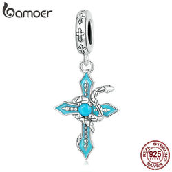 BAMOER 925 Sterling Silber Schlange Kreuz Armband Charm Bead Anhänger Glücksgesc