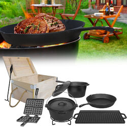 11-tlg BBQ Dutch Oven Kochtopfset Grillpfanne KochTopf Topf mit Holzkiste Campen