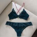 Hunkemöller BH Dessous 70A-75AB XS 34 S + Slip S/M grün Spitze Blumen Rüschen