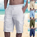 Herren-Shorts Aus Baumwoll-Leinen Sommer-Strand-Chinos Lässig Kordelzug ∑