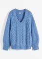 Pullover mit Zopfmuster Gr. 40/42 Blau Meliert Damen Langarm Strickpullover Neu