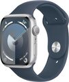 Apple Watch Series 9 45 mm Aluminiumgehäuse silber am Sportarmband S/M sturmblau