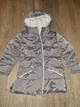 Mädchen Jacke 110 Mantel Grau Glanz Teddy Flecce Fell Kapuze Taschen Winter