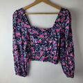 Zara Damen Gr. S Rosa Lila Blumen Puffärmel Crop Bluse Freizeit Sommer