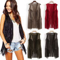 Damen 70er Jahre Hippie Faux Suede Ärmellose Quasten Fringe Weste Cardigan Jacke