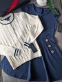 Neu Mädchen Tommy Hilfiger blau Kleid + Zopfmuster creme Strickjacke Outfit 7 Jahre Geschenk