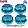 100 x Verbatim DVD-RW 4,7 GB 4x Geschwindigkeit 120min wiederbeschreibbare Discs Spindelpack 25 Neu