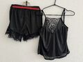 Pyjama Set 2tlg. Kurz Schlafanzug Schlaftop und Schlafshort schwarz spitze XS/S