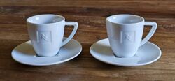 2er Set Espresso Tassen, Untertassen NESPRESSO mit geprägtem LOGO Weiss