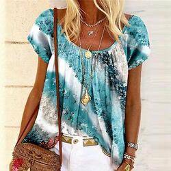 Damen Boho Blumen T-Shirt Top Sommer Kurzarm Tunika Hemd Freizeit Lose Oberteile