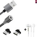 Magnet-Lade-Kabel + Kopfhörer für Huawei P20 Pro Dual-SIM mit USB-Typ C u. Mic