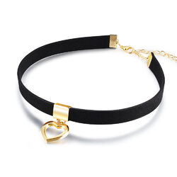 Halskette Choker Goldenes Herz 32 - 39 cm schwarz vergoldet Damen Halsband