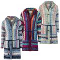 Khujo Damen Long Strickjacke Streifen Muster Multicolor mit Bindegürtel Kapuze