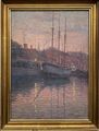 Ölbild Impressionist Abendstimmung Segelboote im Stadthafen Dänemark 1915