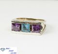 Moderner Ring mit echt Amethyst und Blautopas, 14 Karat 585 Weißgold, Gew. 6,4