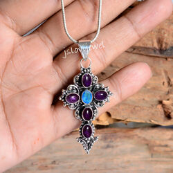 Afrikanischer Amethyst, Tansanit Multi Edelstein Kreuz 925 Sterling Silber An...