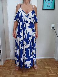 Kleid Carmen-Ausschnitt Blau Weiß Gr. 3XL 48 50 Blumen