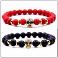 2X Armband Totenkopf Skelettkopf Goldfarbe Lavastein Schwarz Rot Geschenkidee