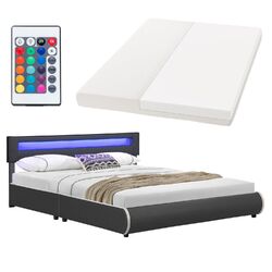 Doppelbett Polsterbett Kunstlederbett Matratze Bettgestell 180x200cm Juskys®LED Farblicht ✔️ Lattenrost ✔️ Matratze ✔️ dunkelgrau