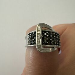 14kt Weißgold Rund Schwarz & Weiß Baguette Diamant Schnalle Ring