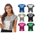 Damen Kurzarm Shirt Metallic Oberteil Glitzer T-Shirt Lässig Top Faschingskostüm