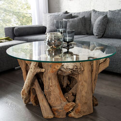 Design Couchtisch NATURE LOUNGE 60cm Teakholz runde Glasplatte Wohnzimmertisch