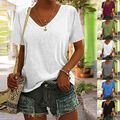 Damen V-Neck T-Shirt Freizeit Baggy Oberteile Sommer Kurzarm  Basis Tops Tunika