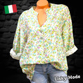 Italy Bluse Oversized Damen Tunika Fischerhemd Blüten Grün 38 40 42