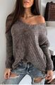 Damen Pullover Grobstrick Oversize Over Shoulder Pulli V-Ausschnitt Wolle/Alpaka